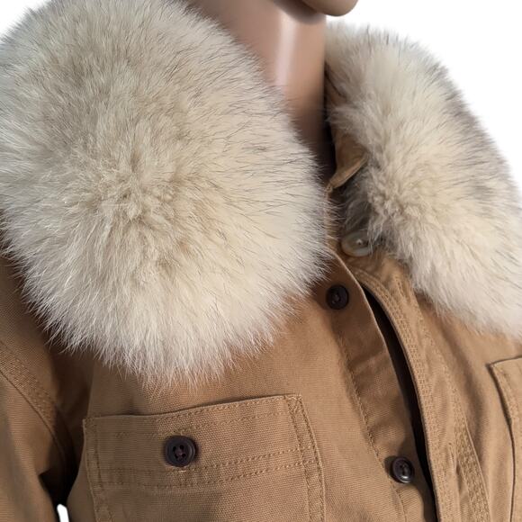 Upcycled Unisex Canvas Jacket Real Fur Collar Rodeo Graphic Western Boho Cowgirl - Picture 5 of 8